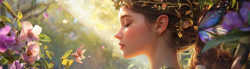 Fototapeta premium Under the warm rays of the sun, a young woman finds solace in the serene and vibrant beauty of nature, surrounded by the tranquil sounds and scents of a forest