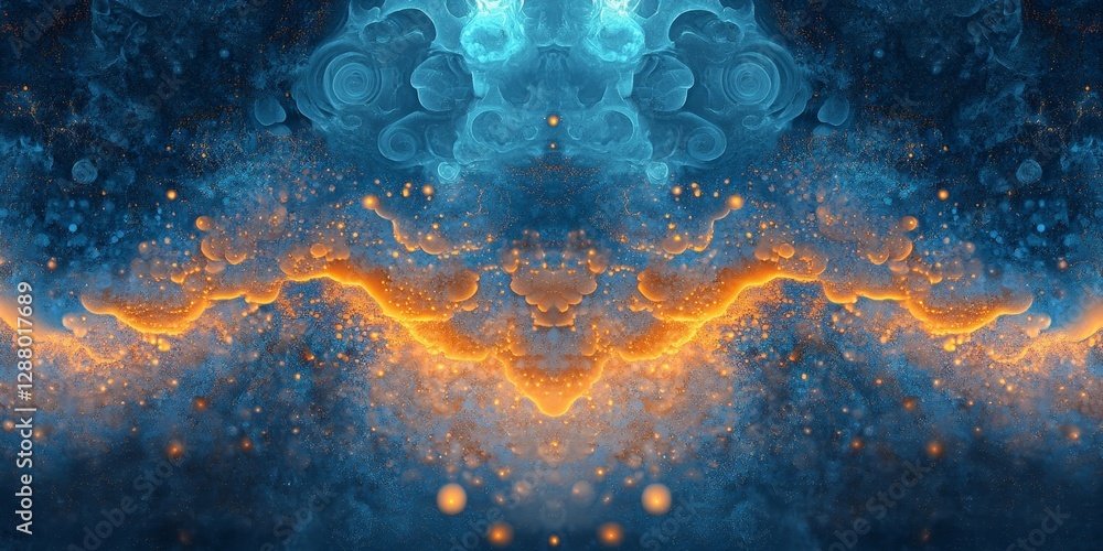 Poster abstract digital art of overlapping hexagonal shapes and glowing points in blue tones, generative ai
