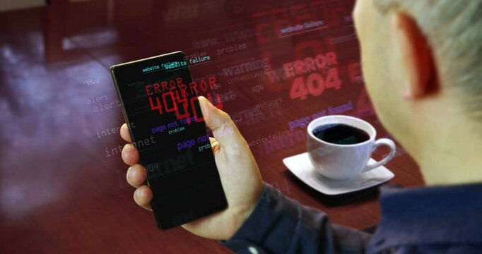 Error 404 web page not found symbol on smartphone. Abstract concept of news titles on phone in hand.