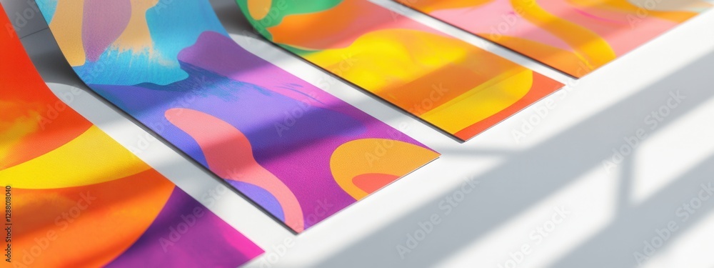 Poster vibrant abstract paintings with colorful patterns and shadows on a bright background