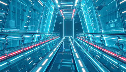 Fototapeta premium Futuristic VR bridge composed of transparent glass panels and holographic railings, suspended in a cyber world filled with flying avatars