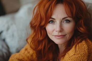Authentic portrait of beautiful redhaired adult woman 55 years old at home