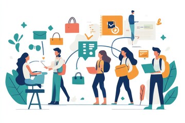 A dynamic vector illustration showing a roadmap of an internship, from application to full-time job placement.