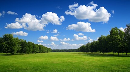 Obraz premium Bright Sunny Day in a Lush Green Field with Trees and Blue Sky