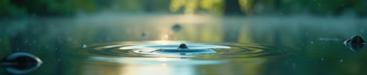 Calm lake surface reflected in a raindrop's descent, water, pure