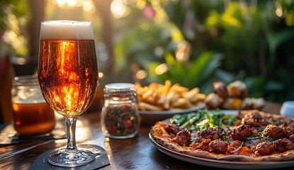 Delicious pizza and beer on a sunny outdoor patio