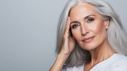 Obraz premium The camera focuses in on a grey-haired woman, set against a simple and light-coloured backdrop, as she gazes into the lens