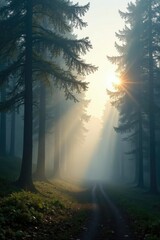 Dense fog slowly lifts revealing soft sunlight filtering through trees, atmospheric conditions, peaceful haven, gentle light