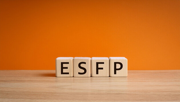 Wooden cubes with text ESFP. Personality type. Extraverted, Observant, Feeling, and Prospecting