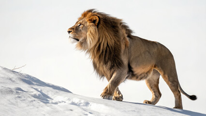 Majestic lion walking on snow, showcasing its powerful presence and beauty