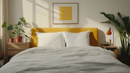 Bright Minimalist Bedroom with Yellow Headboard and White Bedding