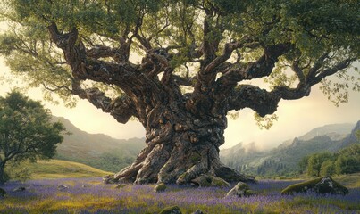 Fototapeta premium Majestic ancient tree stands in a vibrant purple meadow with mountains in the background