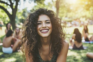 In a public park, happy multigenerational individuals are seated on the grass enjoying themselves, Stock