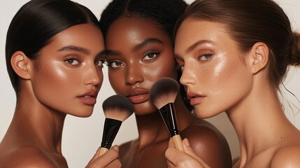 The application of Contour and Highlight makeup is shown on a young woman, as a multiracial lady uses a brush to apply her makeup and undergo a professional face contouring session