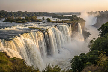 Fototapeta premium Majestic waterfall cascading into river, surrounded by lush greenery