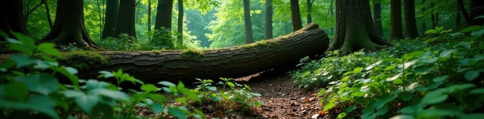 Dense foliage surrounds a fallen tree trunk on forest floor, forest floor, forest, trees