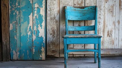 Weathered wooden chair with peeling blue paint, standing alone in a rustic setting, showcasing its aged charm.