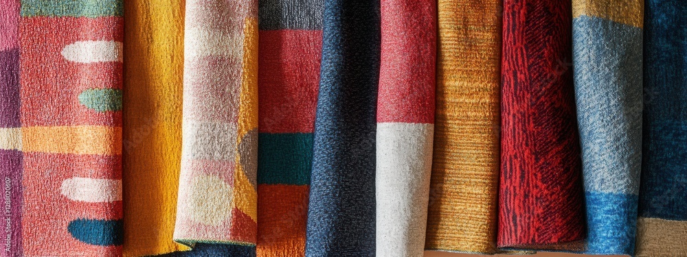 Poster colorful fabric textures hanging in a row showcasing patterns and designs for creative projects and 