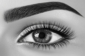 Obraz premium This monochrome close-up of an eye featuring bold lashes and defined brows exudes classic beauty and contrast, making it suitable for high-fashion magazines, dramatic beauty campaigns, and art