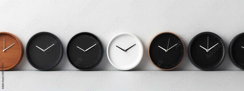 Poster modern wall clocks in various designs arranged in a row against a minimalist background for home dec