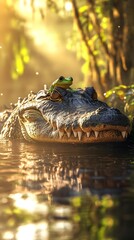 Naklejka premium A serene scene of a crocodile resting in a sunlit swamp, with a frog perched on its head amidst lush greenery