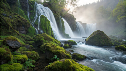 Fototapeta premium Majestic waterfall cascading over moss covered rocks in serene landscape