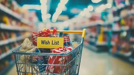 Shopping cart filled with gifts, labeled "Wish List," in a supermarket aisle.