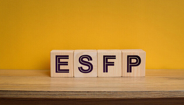 Wooden cubes with text ESFP. Personality type. Extraverted, Observant, Feeling, and Prospecting