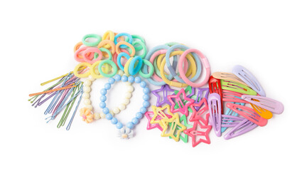 Fototapeta premium Colorful cute hair accessories isolated on white, top view