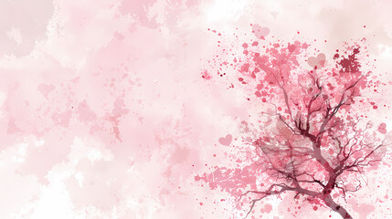 Romantic watercolor painting of a blossoming tree, delicate pink hues and heart-shaped details create a serene and loving atmosphere.