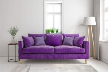 A purple velvet sofa sits in a minimalist living room with a side table. a lamp. and two windows