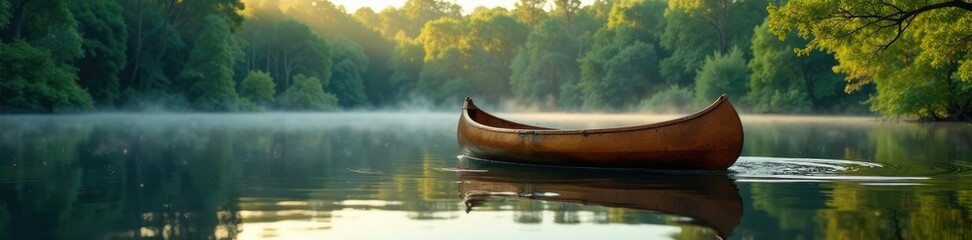 Gentle ripples disturb wooden canoe on still surface, calm, serenity, trees