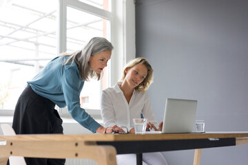 Two businesswomen using laptop at desk in office together