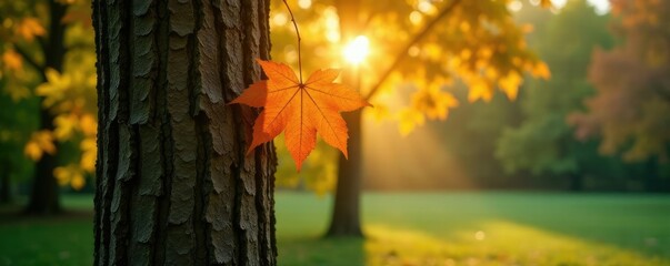 Obraz premium Maple tree's bark glistens in the morning dew, wood, sunlight, foliage