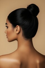 woman's back on beige background, body care, minimalistic, vertical