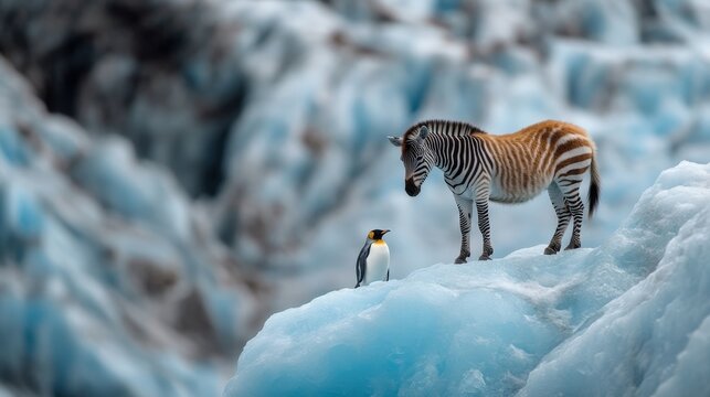 In an ethereal icy backdrop, a zebra observes an emperor penguin perched on a floating ice structure, symbolizing the beauty and uniqueness of animal friendships in stark environments.