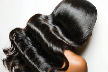 The refined silhouette of shiny, keratin-treated hair presents a stunning display of smooth, vibrant strands
