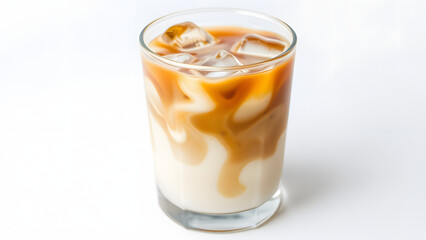 Glass of Iced Coffee with Swirling Cream on White Background – Refreshing Cold Brew Beverage