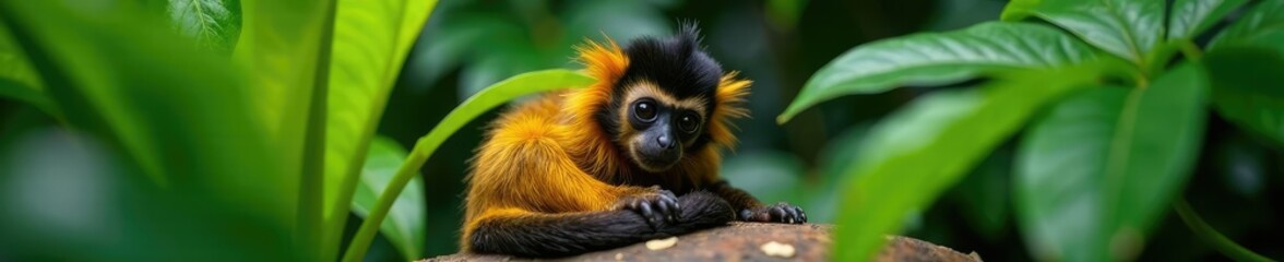 Fototapeta premium Marmoset monkey snuggled up among tropical plants, cozy atmosphere, peaceful scene, plant