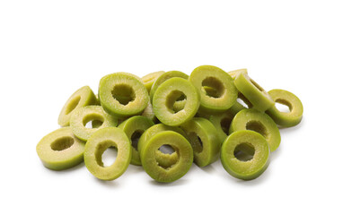 Cut fresh green olive rings isolated on white
