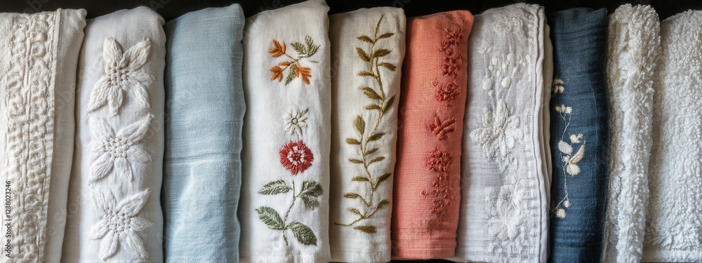 Poster beautifully designed fabrics with intricate patterns and textures arranged neatly in a row for home 