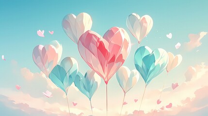 Pastel heart-shaped balloons float gently against a soft, dreamy sky. A whimsical and romantic scene.