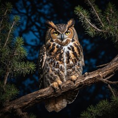 Obraz premium A dolphin leaping out of the ocean at sunrise. A majestic owl perched on a branch with a dark, blurred background, showcasing its sharp eyes and intricate feathers