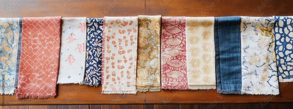 Poster a collection of colorful handcrafted scarves displayed on a wooden table with unique patterns and te