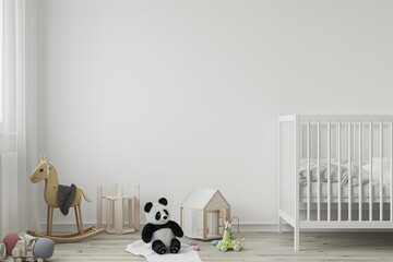 A minimalist nursery with a white crib. wooden rocking horse. and a panda plushie