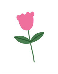 Trendy spring flower doodle style. Flat simple childish pink rose for card, print, banner, poster, template. Cartoon illustration for children. Hand drawn illustration isolated on white background.