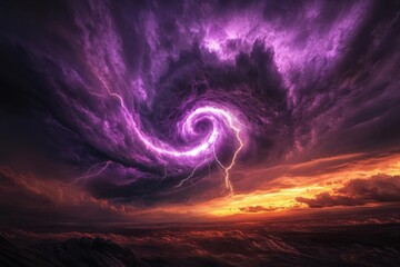 mammoth apocalyptic storm system, purple-tinged clouds spiraling towards ground, golden hour light piercing through, lightning strikes illuminating dark landscape
