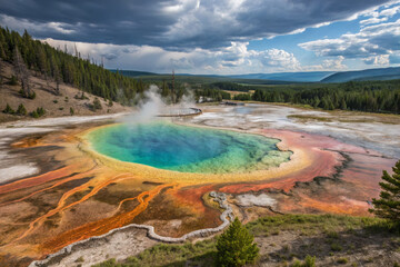 Stunning geothermal features in Yellowstone National Park showcase vibrant colors and steam