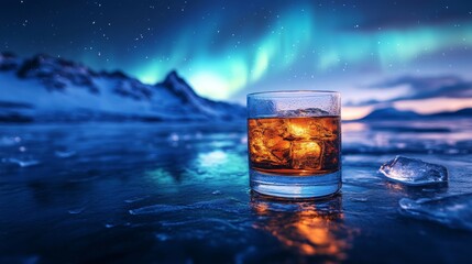 Aurora glowing vividly above a frozen lake with reflections of light, Generative AI