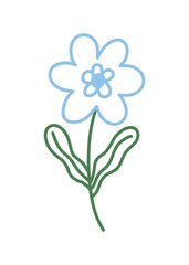 Trendy spring flower outline doodle. Simple childish blue daisy for card, print, banner, poster, template. Cartoon illustration for children. Hand drawn illustration isolated on white background.